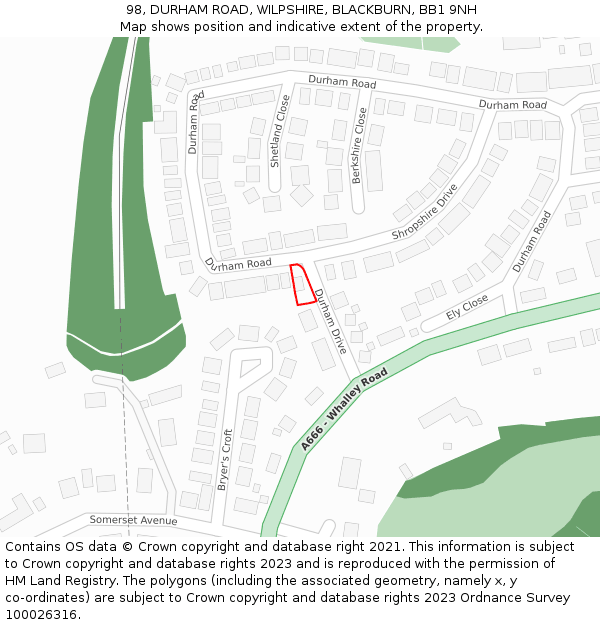 98, DURHAM ROAD, WILPSHIRE, BLACKBURN, BB1 9NH: Location map and indicative extent of plot