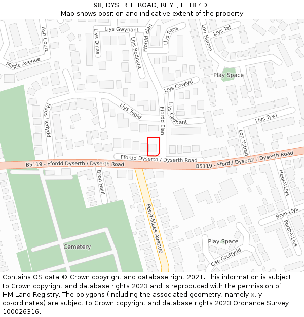 98, DYSERTH ROAD, RHYL, LL18 4DT: Location map and indicative extent of plot