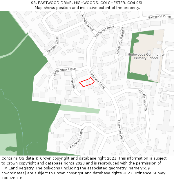 98, EASTWOOD DRIVE, HIGHWOODS, COLCHESTER, CO4 9SL: Location map and indicative extent of plot