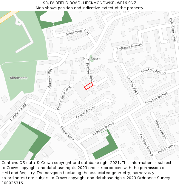 98, FAIRFIELD ROAD, HECKMONDWIKE, WF16 9NZ: Location map and indicative extent of plot