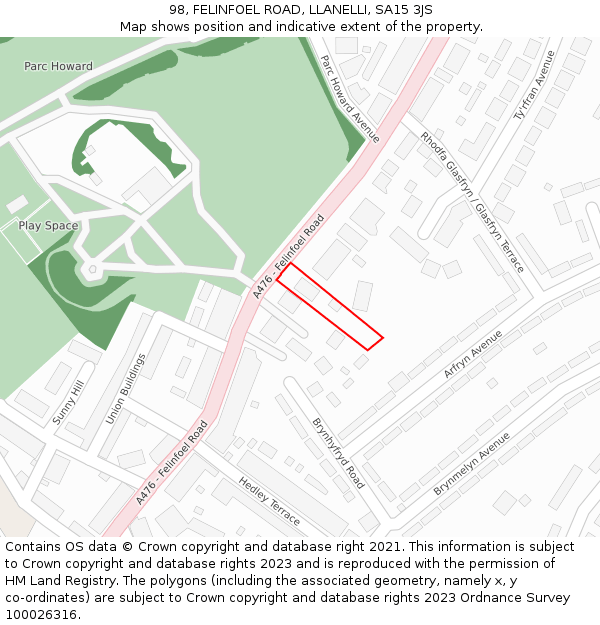 98, FELINFOEL ROAD, LLANELLI, SA15 3JS: Location map and indicative extent of plot