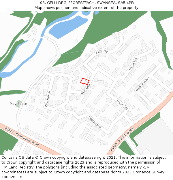 98, GELLI DEG, FFORESTFACH, SWANSEA, SA5 4PB: Location map and indicative extent of plot