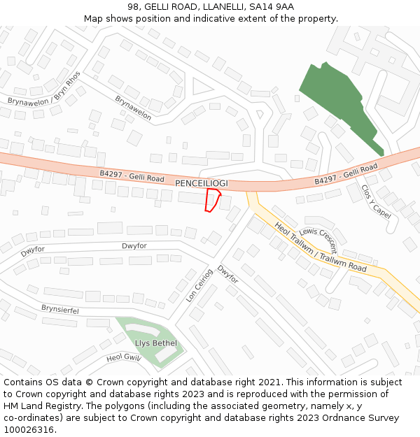 98, GELLI ROAD, LLANELLI, SA14 9AA: Location map and indicative extent of plot