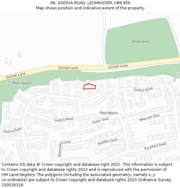 98, GODIVA ROAD, LEOMINSTER, HR6 8TA: Location map and indicative extent of plot