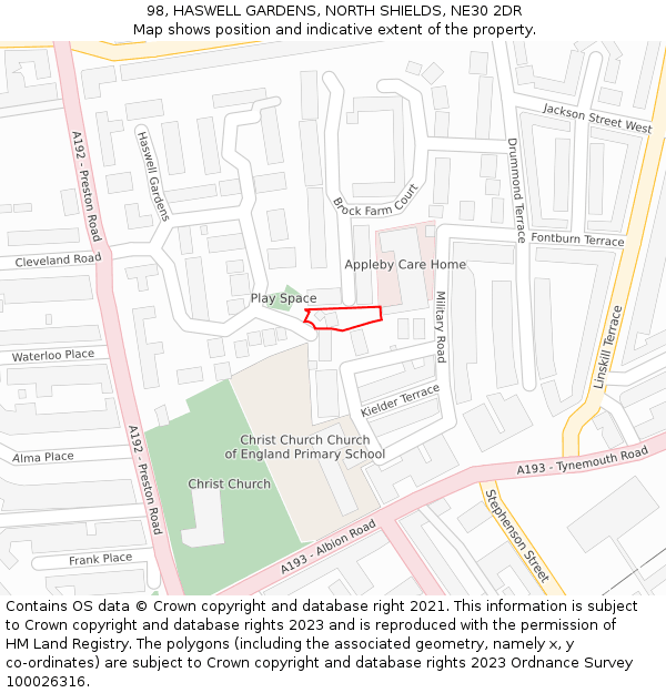 98, HASWELL GARDENS, NORTH SHIELDS, NE30 2DR: Location map and indicative extent of plot