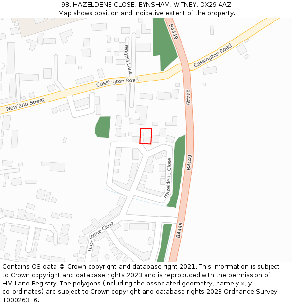 98, HAZELDENE CLOSE, EYNSHAM, WITNEY, OX29 4AZ: Location map and indicative extent of plot