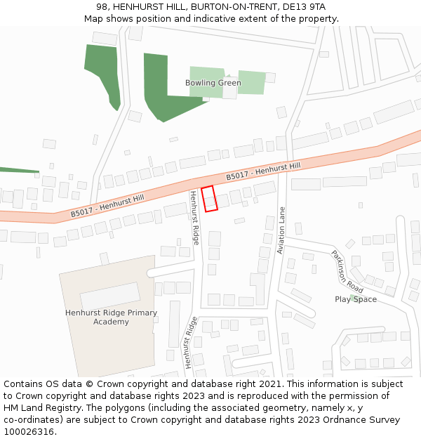 98, HENHURST HILL, BURTON-ON-TRENT, DE13 9TA: Location map and indicative extent of plot