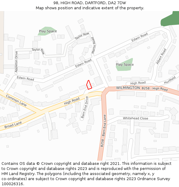 98, HIGH ROAD, DARTFORD, DA2 7DW: Location map and indicative extent of plot