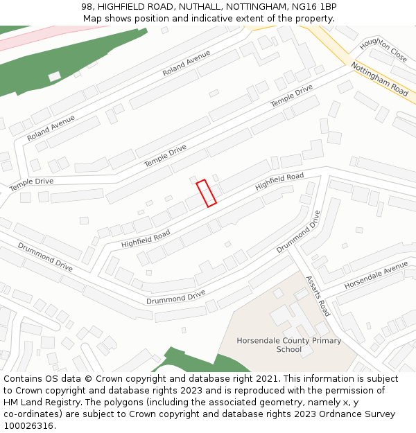 98, HIGHFIELD ROAD, NUTHALL, NOTTINGHAM, NG16 1BP: Location map and indicative extent of plot