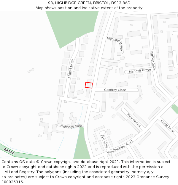 98, HIGHRIDGE GREEN, BRISTOL, BS13 8AD: Location map and indicative extent of plot