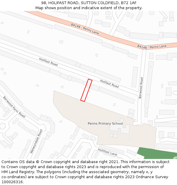 98, HOLIFAST ROAD, SUTTON COLDFIELD, B72 1AF: Location map and indicative extent of plot