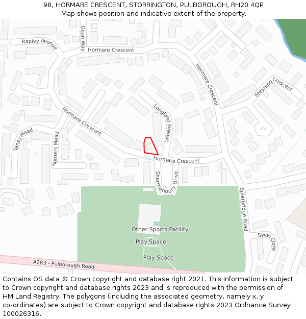 98, HORMARE CRESCENT, STORRINGTON, PULBOROUGH, RH20 4QP: Location map and indicative extent of plot