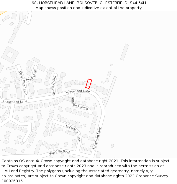 98, HORSEHEAD LANE, BOLSOVER, CHESTERFIELD, S44 6XH: Location map and indicative extent of plot