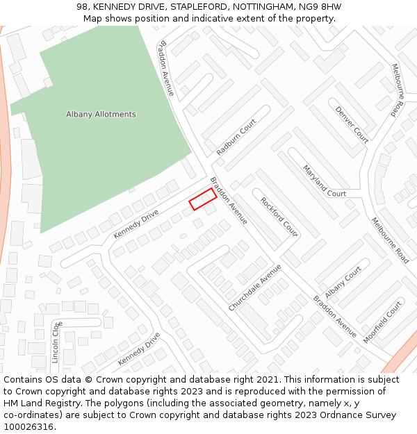 98, KENNEDY DRIVE, STAPLEFORD, NOTTINGHAM, NG9 8HW: Location map and indicative extent of plot