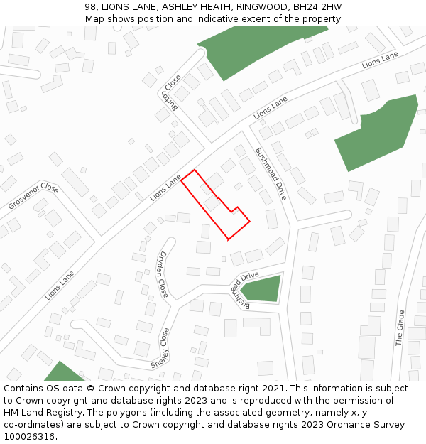 98, LIONS LANE, ASHLEY HEATH, RINGWOOD, BH24 2HW: Location map and indicative extent of plot