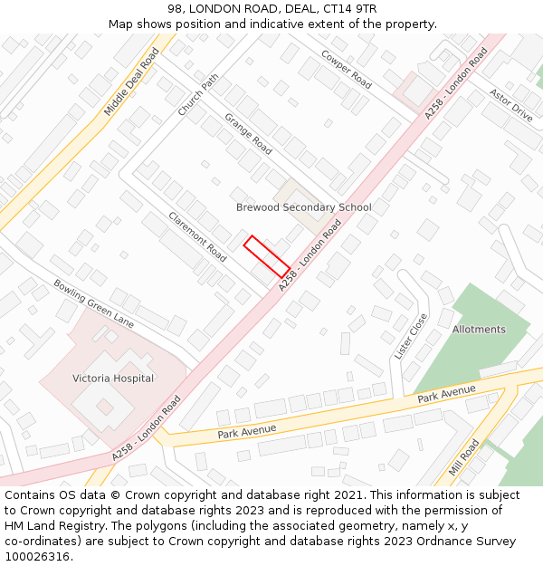 98, LONDON ROAD, DEAL, CT14 9TR: Location map and indicative extent of plot