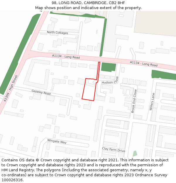 98, LONG ROAD, CAMBRIDGE, CB2 8HF: Location map and indicative extent of plot