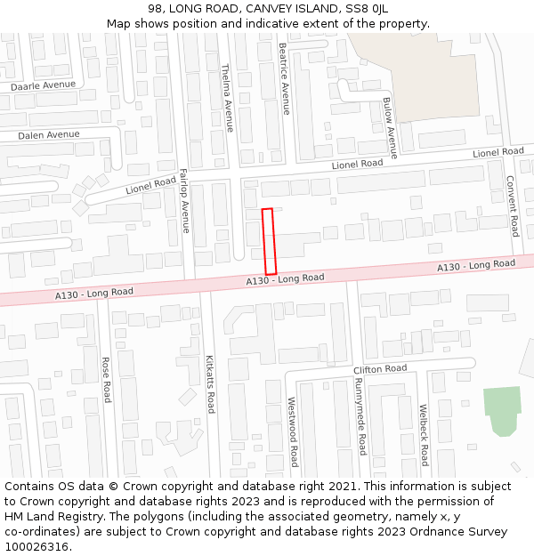 98, LONG ROAD, CANVEY ISLAND, SS8 0JL: Location map and indicative extent of plot