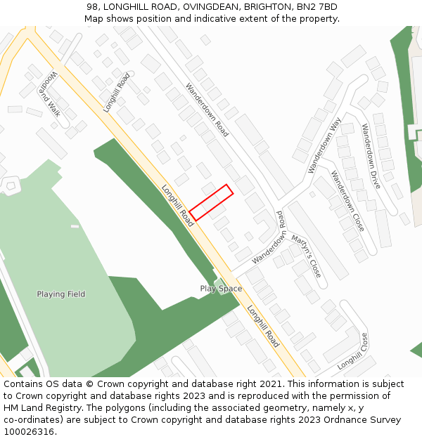 98, LONGHILL ROAD, OVINGDEAN, BRIGHTON, BN2 7BD: Location map and indicative extent of plot