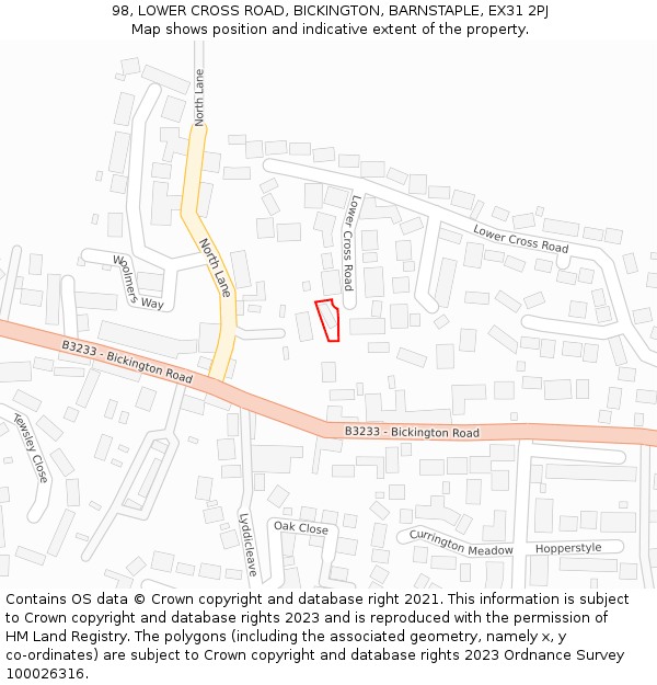 98, LOWER CROSS ROAD, BICKINGTON, BARNSTAPLE, EX31 2PJ: Location map and indicative extent of plot