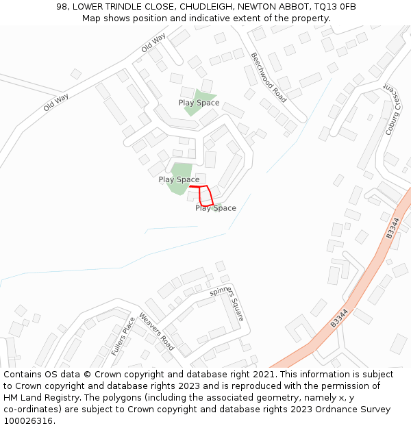 98, LOWER TRINDLE CLOSE, CHUDLEIGH, NEWTON ABBOT, TQ13 0FB: Location map and indicative extent of plot