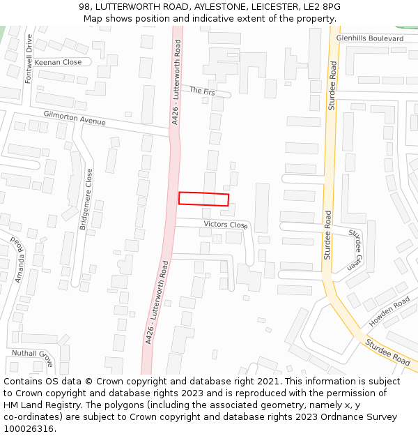 98, LUTTERWORTH ROAD, AYLESTONE, LEICESTER, LE2 8PG: Location map and indicative extent of plot