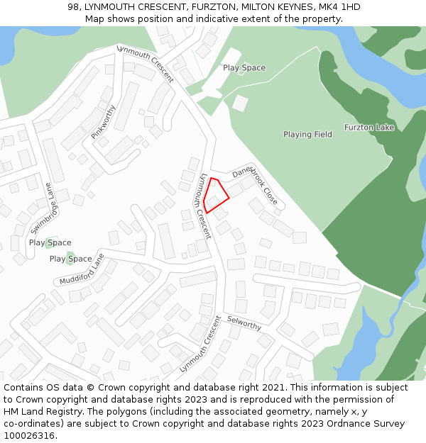 98, LYNMOUTH CRESCENT, FURZTON, MILTON KEYNES, MK4 1HD: Location map and indicative extent of plot