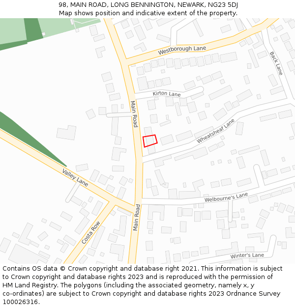98, MAIN ROAD, LONG BENNINGTON, NEWARK, NG23 5DJ: Location map and indicative extent of plot