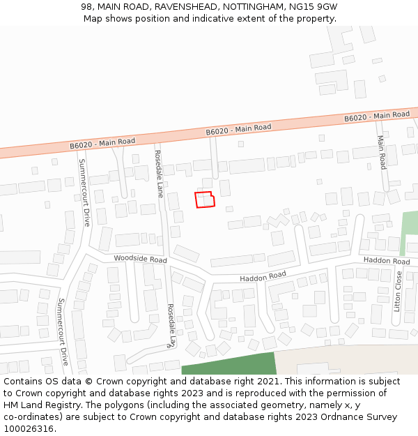 98, MAIN ROAD, RAVENSHEAD, NOTTINGHAM, NG15 9GW: Location map and indicative extent of plot
