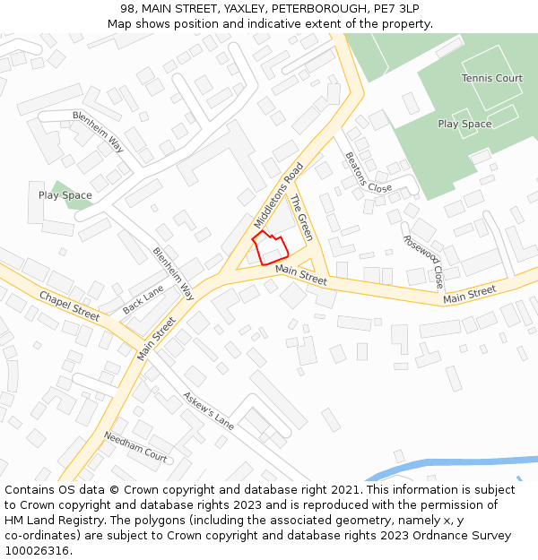 98, MAIN STREET, YAXLEY, PETERBOROUGH, PE7 3LP: Location map and indicative extent of plot