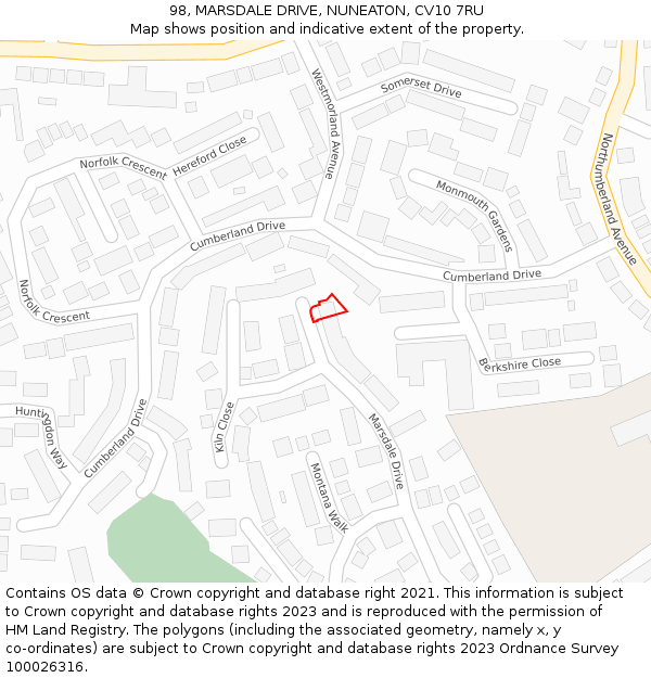 98, MARSDALE DRIVE, NUNEATON, CV10 7RU: Location map and indicative extent of plot