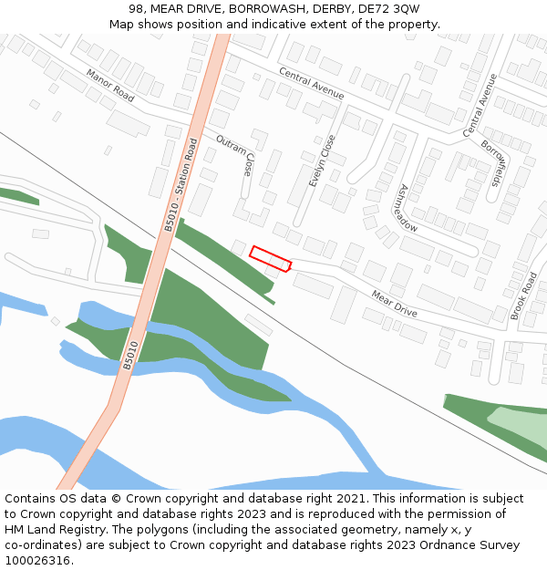 98, MEAR DRIVE, BORROWASH, DERBY, DE72 3QW: Location map and indicative extent of plot