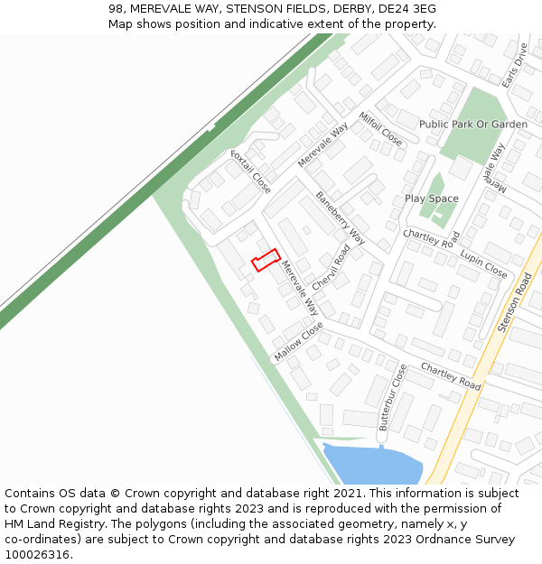 98, MEREVALE WAY, STENSON FIELDS, DERBY, DE24 3EG: Location map and indicative extent of plot