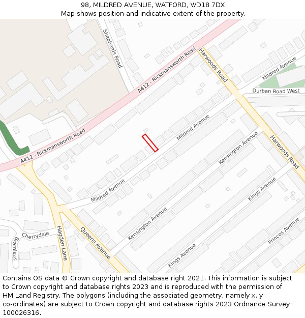 98, MILDRED AVENUE, WATFORD, WD18 7DX: Location map and indicative extent of plot