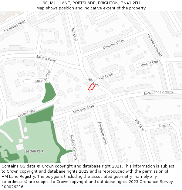 98, MILL LANE, PORTSLADE, BRIGHTON, BN41 2FH: Location map and indicative extent of plot