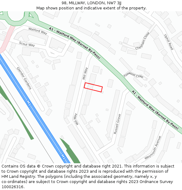 98, MILLWAY, LONDON, NW7 3JJ: Location map and indicative extent of plot
