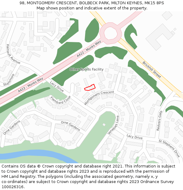 98, MONTGOMERY CRESCENT, BOLBECK PARK, MILTON KEYNES, MK15 8PS: Location map and indicative extent of plot