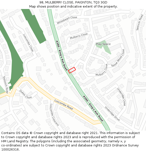 98, MULBERRY CLOSE, PAIGNTON, TQ3 3GD: Location map and indicative extent of plot