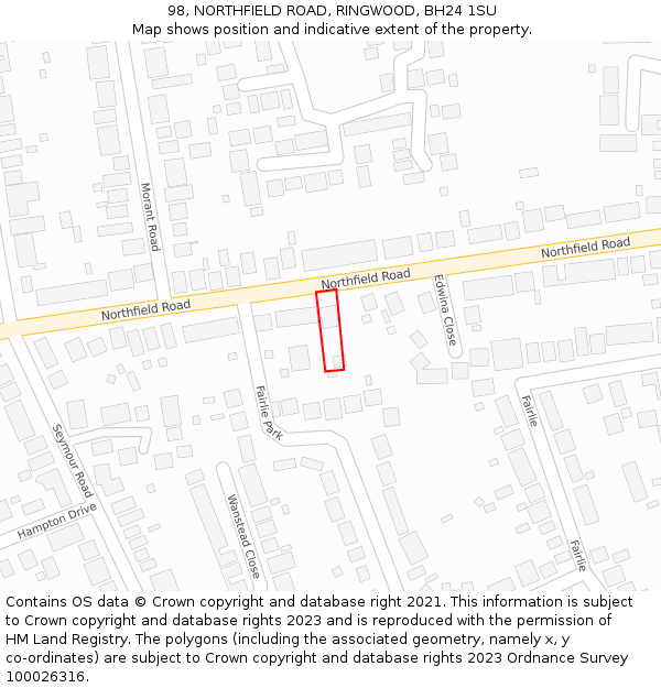 98, NORTHFIELD ROAD, RINGWOOD, BH24 1SU: Location map and indicative extent of plot