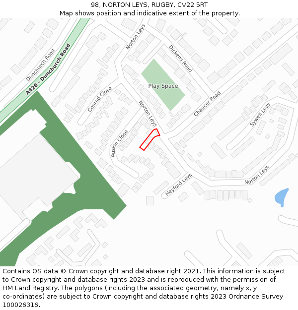 98, NORTON LEYS, RUGBY, CV22 5RT: Location map and indicative extent of plot