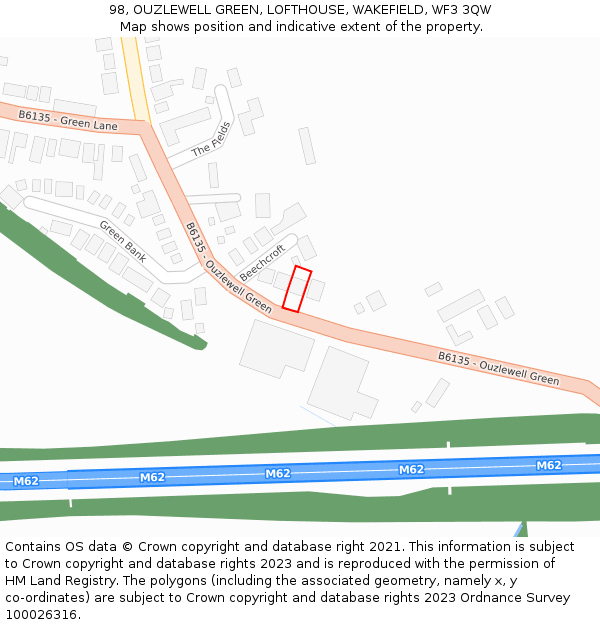 98, OUZLEWELL GREEN, LOFTHOUSE, WAKEFIELD, WF3 3QW: Location map and indicative extent of plot