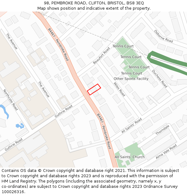 98, PEMBROKE ROAD, CLIFTON, BRISTOL, BS8 3EQ: Location map and indicative extent of plot