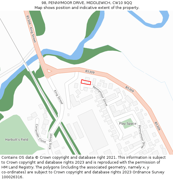 98, PENNYMOOR DRIVE, MIDDLEWICH, CW10 9QQ: Location map and indicative extent of plot