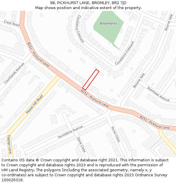 98, PICKHURST LANE, BROMLEY, BR2 7JD: Location map and indicative extent of plot