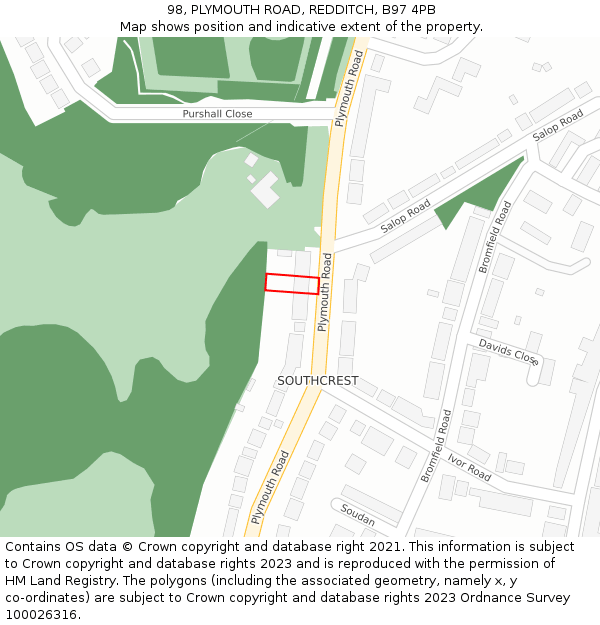 98, PLYMOUTH ROAD, REDDITCH, B97 4PB: Location map and indicative extent of plot