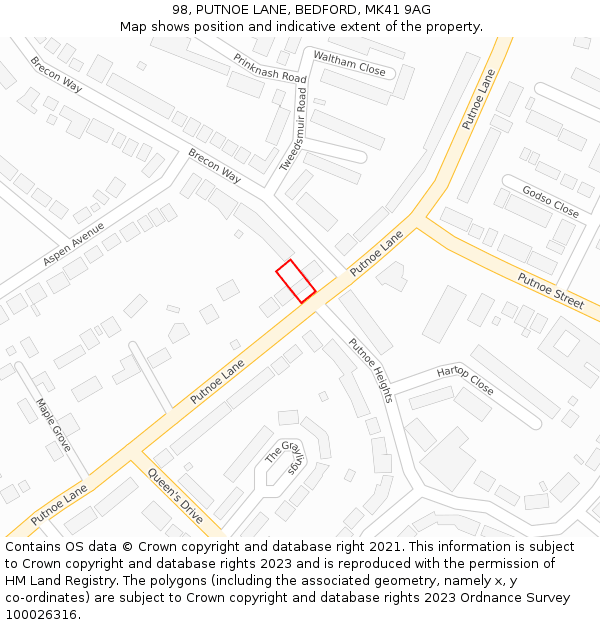 98, PUTNOE LANE, BEDFORD, MK41 9AG: Location map and indicative extent of plot