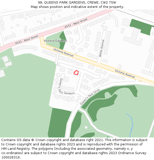 98, QUEENS PARK GARDENS, CREWE, CW2 7SW: Location map and indicative extent of plot