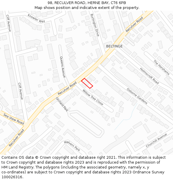 98, RECULVER ROAD, HERNE BAY, CT6 6PB: Location map and indicative extent of plot