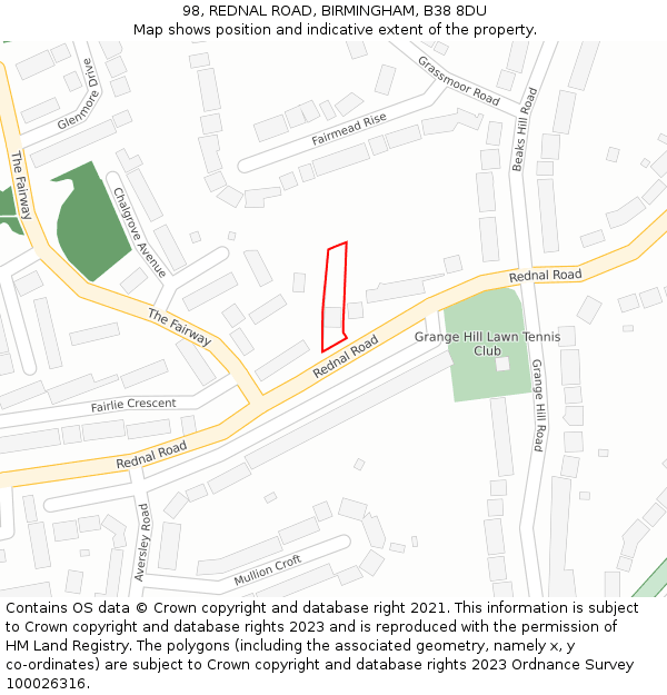 98, REDNAL ROAD, BIRMINGHAM, B38 8DU: Location map and indicative extent of plot