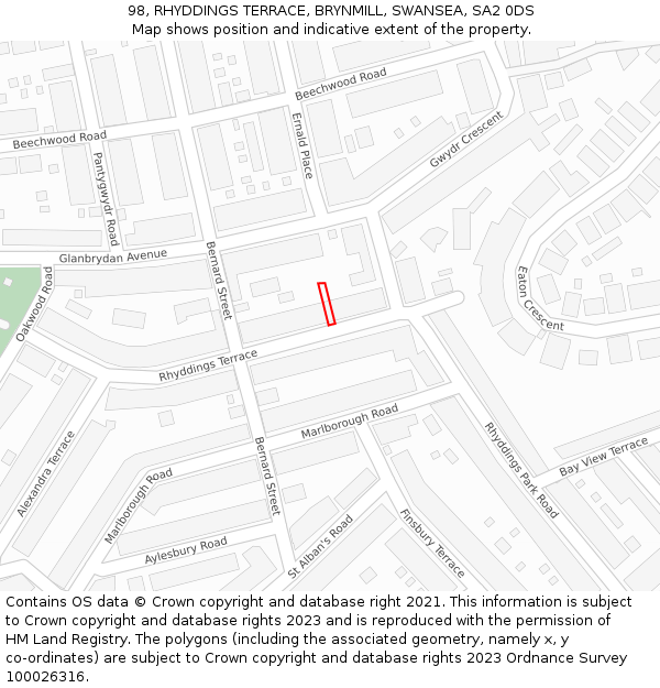 98, RHYDDINGS TERRACE, BRYNMILL, SWANSEA, SA2 0DS: Location map and indicative extent of plot